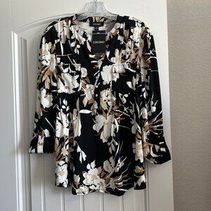 NWT Cocomo Black/White /Tan Floral Pleated Top XL